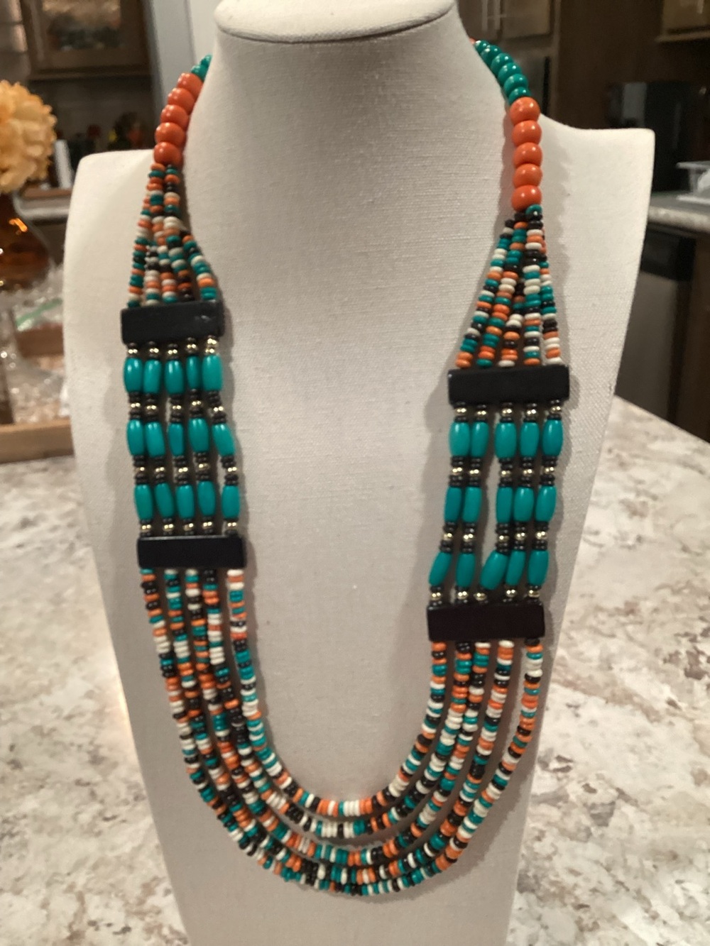 Multi-Strand Turquoise & Orange Seed Bead Necklace
